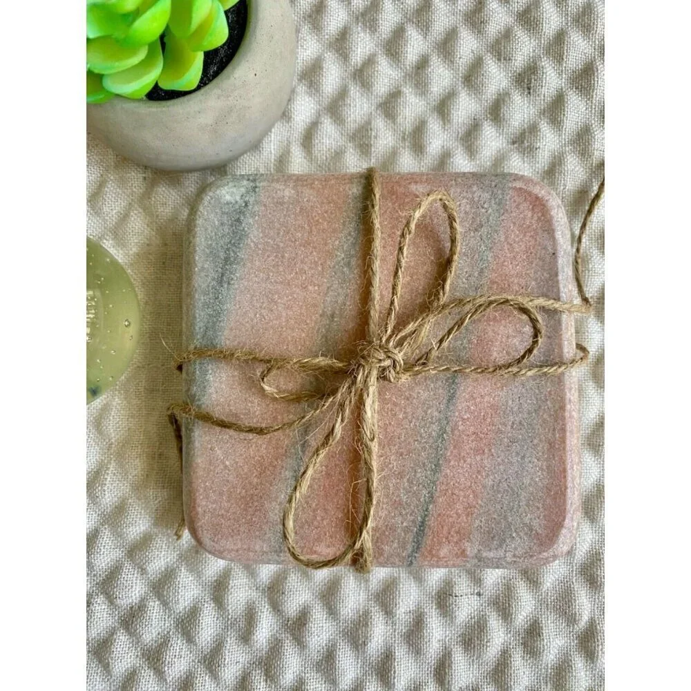 New Natural Marble Pink-Peach & Gray Square Chunky Stone Coasters Set of 2